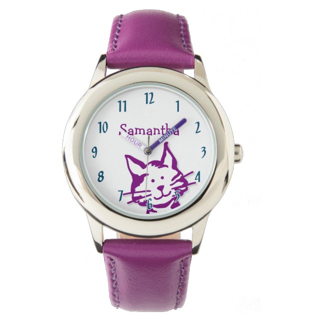 Montre Cute Peeeking Purple Kitty Nom du chat Enfants (devant)