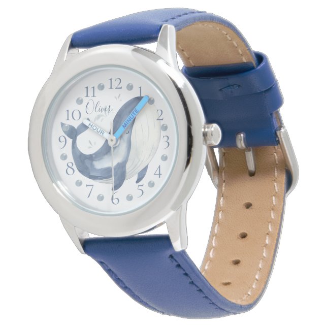 Montre Cute personalized Watercolor Nautical Blue Whale (Incliné)