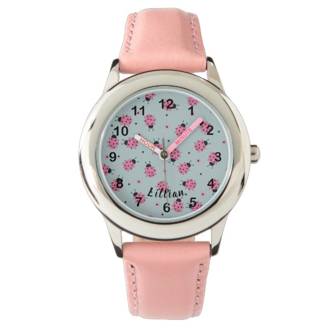Montre Cute Pink Ladybugs & Custom Name on Blue (devant)