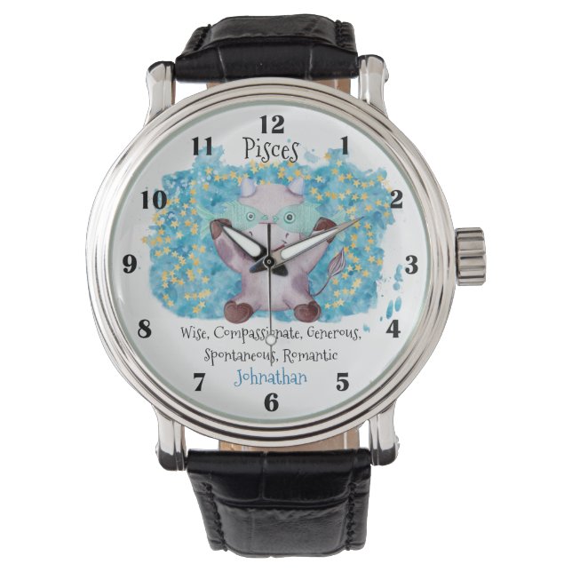 Montre Cute Pisces Fish Watercolor Bull Zodiac Custom (devant)