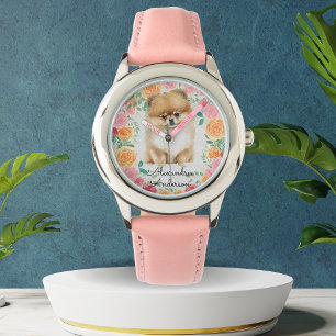 Montre Cute Pomeranian avec monogramme de fleurs d'aquare