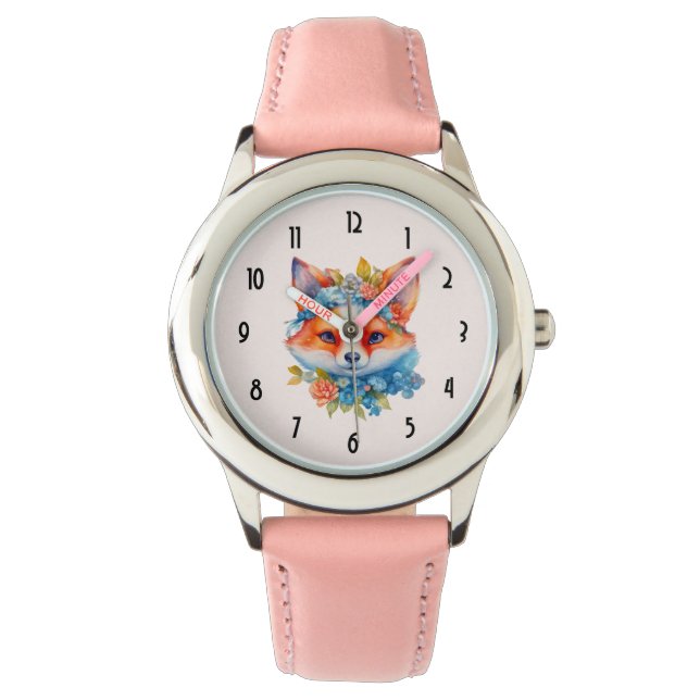Montre Cute Renard orange avec Couronne florale (devant)