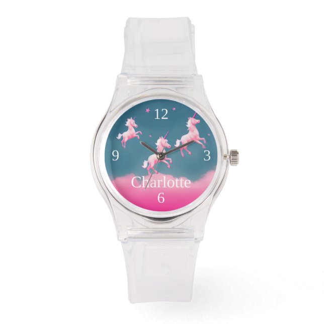 Montre Cute rose Unicorn Flying Personnalisé Silicone (Recto)