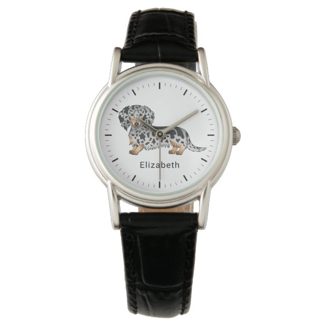 Montre Dachshund à poil long noir et feu panaché & Nom (devant)