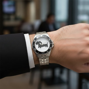 Montre Dachshund noir en acier inoxydable pour hom