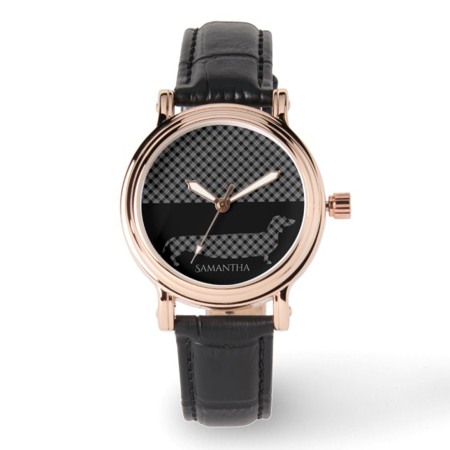Montre Dachshund plaid sur noir (Recto)