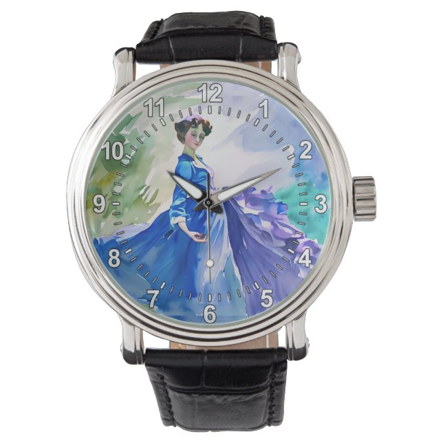 Montre Dame en Robe Bleue - Peinture aquarelle (devant)