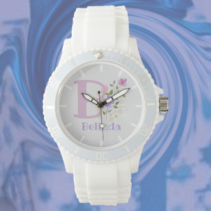Montre dans un design floral avec nom et initiale
