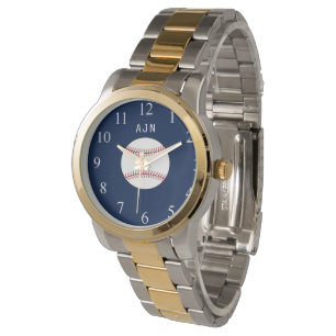 Montre de baseball à monogramme bleu Cadeau