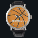 Montre de basket-ball avec texte personnalisé<br><div class="desc">Montre de basket-ball avec texte personnalisé Montres au poignet personnalisées pour les fans et les joueurs de basket-ball. Idée cadeau d'anniversaire personnalisable pour hommes et femmes. Design sportif avec basket orange.</div>