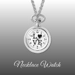 Montre de collier d'amour noir et blanc<br><div class="desc">Collier Montre cadeau. Avec le mot "amour" et une forme de coeur remplaçant la lettre O. Noir et blanc</div>