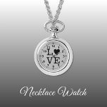 Montre de collier d'amour noir et gris<br><div class="desc">Collier Montre cadeau. Avec le mot "amour" et une forme de coeur remplaçant la lettre O. Noir et gris.</div>