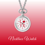 Montre de collier d'amour rouge et blanc<br><div class="desc">Collier Montre cadeau. Avec le mot "amour" et une forme de coeur remplaçant la lettre O. Rouge et blanc</div>