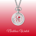 Montre de collier d'amour rouge et gris<br><div class="desc">Collier Montre cadeau. Avec le mot "amour" et une forme de coeur remplaçant la lettre O. Rouge et gris.</div>