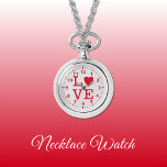 Montre de collier d'amour rouge et gris<br><div class="desc">Collier Montre cadeau. Avec le mot "amour" et une forme de coeur remplaçant la lettre O. Rouge et gris.</div>