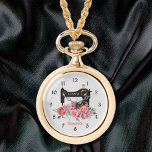 Montre de collier de machine à coudre rose<br><div class="desc">Une montre de collier à thème à coudre prête à être personnalisée avec son nom. Imprimé avec une machine à coudre de style vintage noir agrémenté d'un somptueux bouquet de fleurs d'aquarelle rose. Il suffit de modifier le nom du texte dans le bouton "personnaliser". Votre choix de ton or ou...</div>