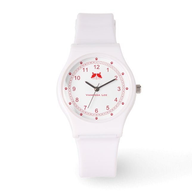Montre de dame de chat personnalisable en rouge (Recto)