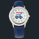 Montre de garçon personnalisée avec logo de voitur<br><div class="desc">Montre de garçon personnalisée avec logo de voiture de jouet mignon. Idée cadeau personnalisable amusant pour petits enfants (garçon ou fille). Montres pour enfants personnalisées avec prénom et illustration du véhicule. Conception de thème automobile. Cadeaux de Noël et d'anniversaire pour fils,  fille,  petit-fils,  petite-fille,  petit-enfant,  étudiant,  neveu,  cousin,  etc.</div>