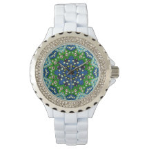 Montre de Motif bleu vert en mosaïque Mandala Retr