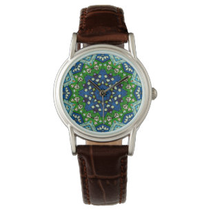 Montre de Motif bleu vert en mosaïque Mandala Retr