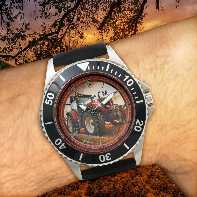 Montre de tracteur agricole moderne (Watch featuring a modern tractor design with optional classic style hour indication)