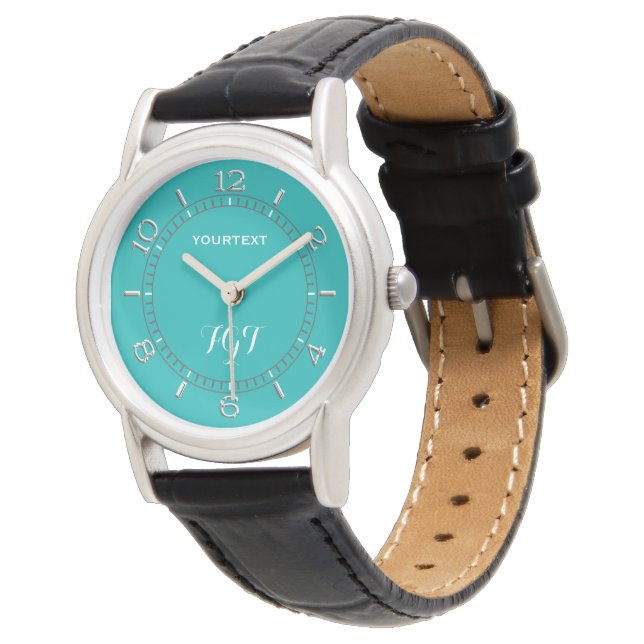 Montre Décor Peacock Turquoise Monogramme personnalisé (Incliné)