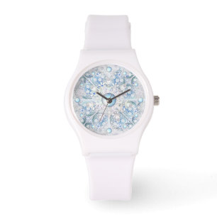 Montre Dentelle en céramique bleu et flocons de neige