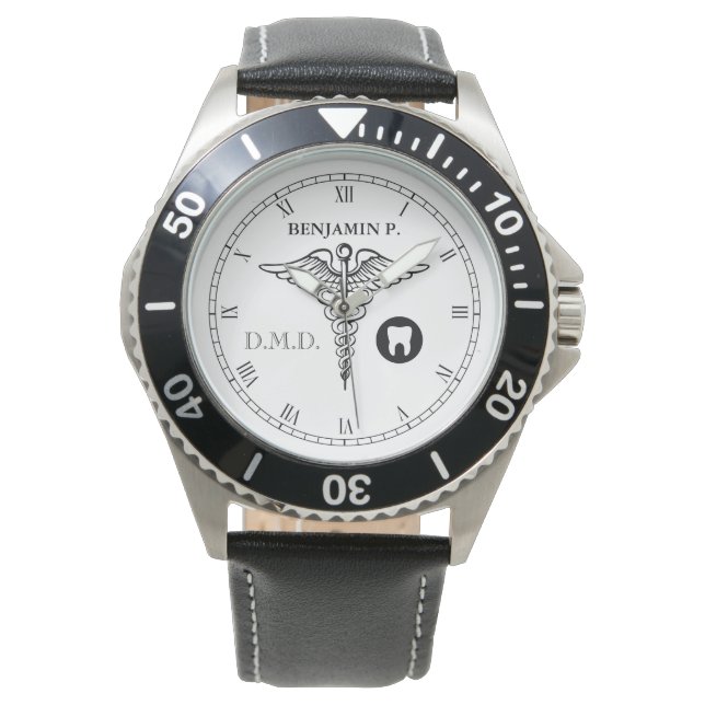 Montre Dentistère Nom personnalisé Élégant Noir|Veille bl (devant)