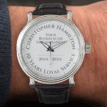 Montre des prix du service loyal de 10 ans<br><div class="desc">Une montre pour commémorer le service de 10 ans. Personnalisez pour inclure le nom,  l'entreprise ou l'organisation,  et les dates. Méménite unique d'une réalisation spéciale. montre longue durée. Face de montre blanche.</div>