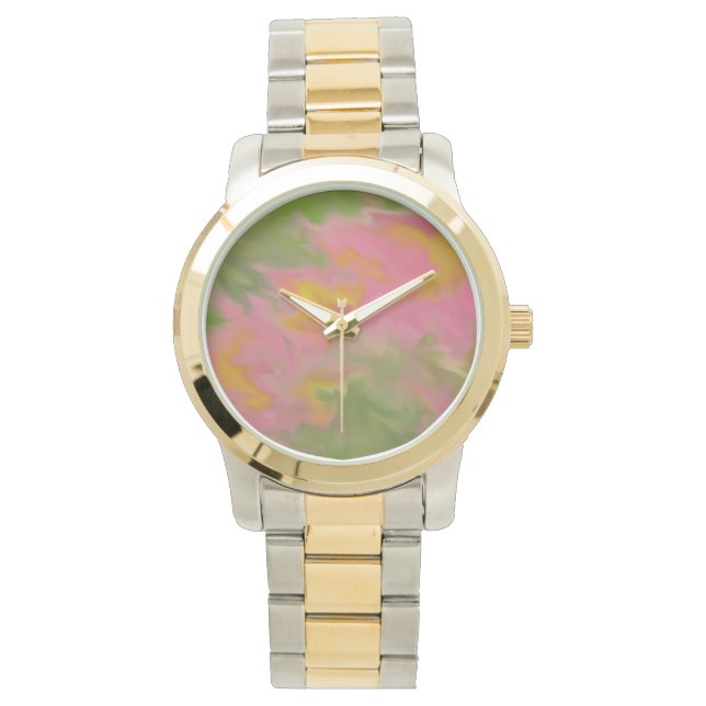 MONTRE DESIGN ABSTRAIT EN ROSES, JAUNES ET VERTS (devant)