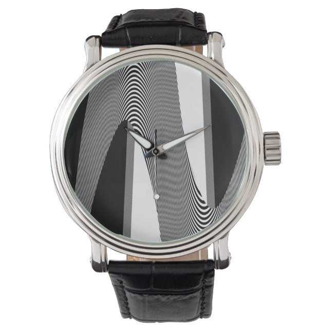 Montre Design D'Art Op Noir Et Blanc, Mens Wristwatch (devant)