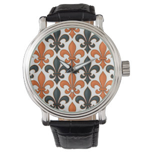 Montre Design Motif Orange noir baroque Fleur-de-lis