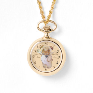 Montre dessin de caractère mignon d'un carlin brun brun