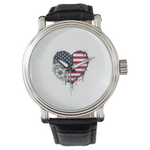 Montre Dessin de gravure florale vintage à cœur patriotiq