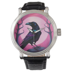 Montre Dessin d'un corbeau sur un arrière - plan rose néo