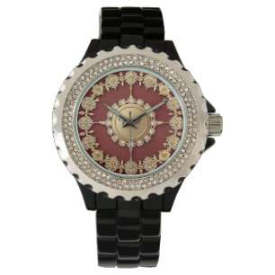 Montre Dessin Floral Orné Doré