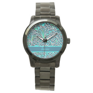 Montre Dessin ornemental 3D optique bleu, turquoise, vert