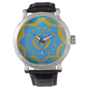 Montre dessin tibétain en or bleu
