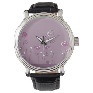 Montre d'été violet Vintage bracelet en cuir noir