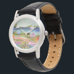 Montre Deux voiliers et chalet<br><div class="desc">Deux voiliers et Cottage I de Karen Fields. Scène ludique et lumineuse avec fleurs,  arbres,  cottage et voiliers sur l'eau.</div>