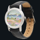 Montre Deux voiliers et chalet<br><div class="desc">Deux voiliers et Cottage I de Karen Fields. Scène ludique et lumineuse avec fleurs, arbres, cottage et voiliers sur l'eau.</div>