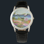 Montre Deux voiliers et chalet<br><div class="desc">Deux voiliers et Cottage I de Karen Fields. Scène ludique et lumineuse avec fleurs,  arbres,  cottage et voiliers sur l'eau.</div>