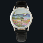 Montre Deux voiliers et chalet<br><div class="desc">Deux voiliers et Cottage I de Karen Fields. Scène ludique et lumineuse avec fleurs, arbres, cottage et voiliers sur l'eau.</div>