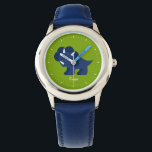 Montre Dinosaure bleu personnalisé<br><div class="desc">Cette montre amusante présente un doux vecteur d'illustration d'un dinosaure sucré,  et peut être personnalisée avec le nom de votre enfant,  monogramme,  initial,  ou tout texte de votre choix pour un cadeau personnalisé parfait.</div>