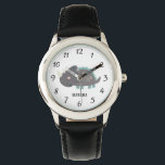 Montre Dinosaure personnalisé mignon enfant<br><div class="desc">Jolie montre dinosaure couleur aquarelle personnalisée pour les garçons ou les filles. Bracelet à montre noir. Retour à l'école cadeau ou cadeau de Noël. Choisissez votre propre couleur de bande de montre et ajoutez simplement votre nom.</div>