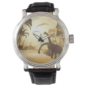 Montre Dinosaures sur le paysage jurassique tropical