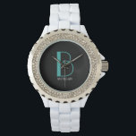 Montre DIY Large Monogram & Name, Teal/White Text, Black<br><div class="desc">Personalize this stylish and simple text design with your name in white and your large monogram in Teal on black background.</div>