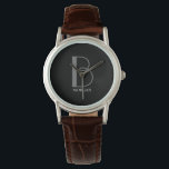Montre do-it-yourself gros monogramme et nom, texte gris/<br><div class="desc">Personnalisez ce design de texte simple et élégant avec votre nom en blanc et votre grand monogramme en gris sur arrière - plan noir. Cliquez sur "Edit Using Design Tool" pour modifier les couleurs et les styles de type.</div>