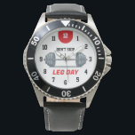 Montre Don’t Skip Leg Day Barbell<br><div class="desc">Bold and motivating watch design featuring a barbell loaded with weight plates on a clean white background and the powerful phrase “DON’T SKIP LEG DAY” in black lettering.</div>