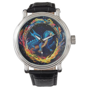 Montre Dragon Bleu Magique Entouré de Flammes Mystiques